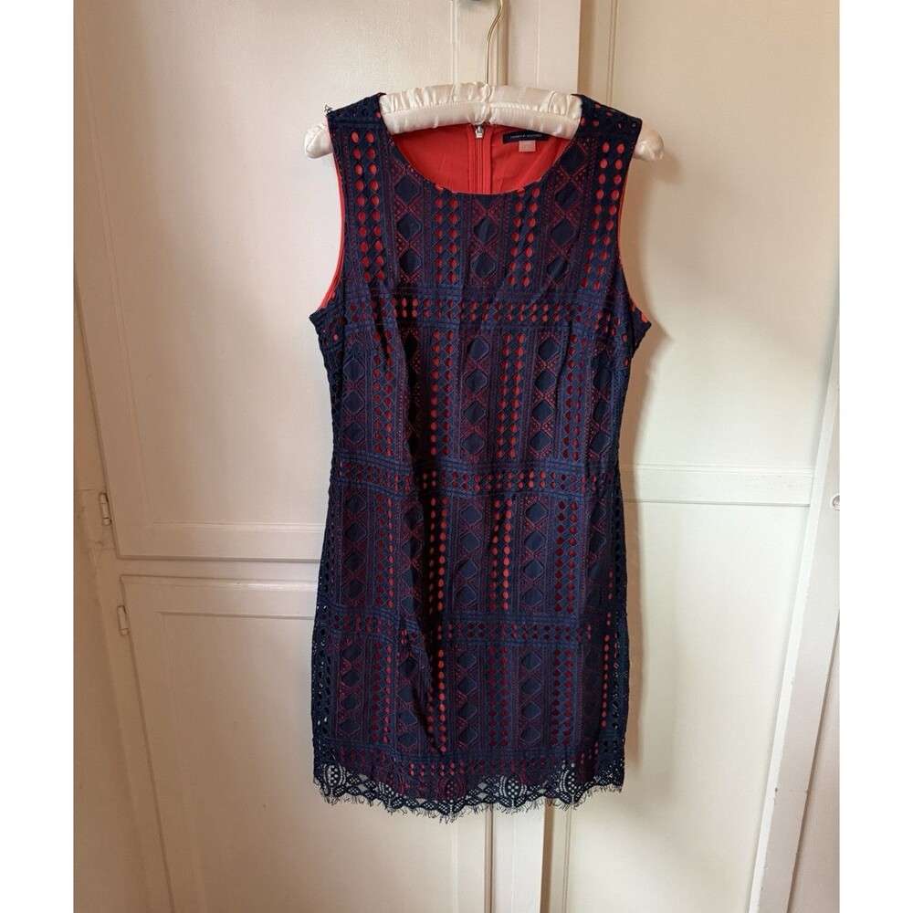 Tommy Hilfiger Navy Red Embroidered Eyelet Sheath Dress - Size 8